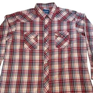 Vintage Wrangler Western Shirt Men's Red Blue Plaid Pearl Snap Long Sleeve XXL